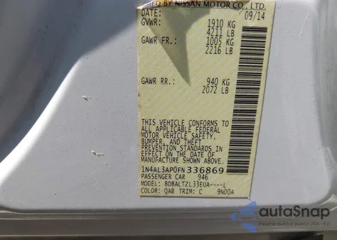 2015 Nissan Altima 2.5 Sl z USA, uszkodzony, nr VIN 1N4AL3AP0FN336869